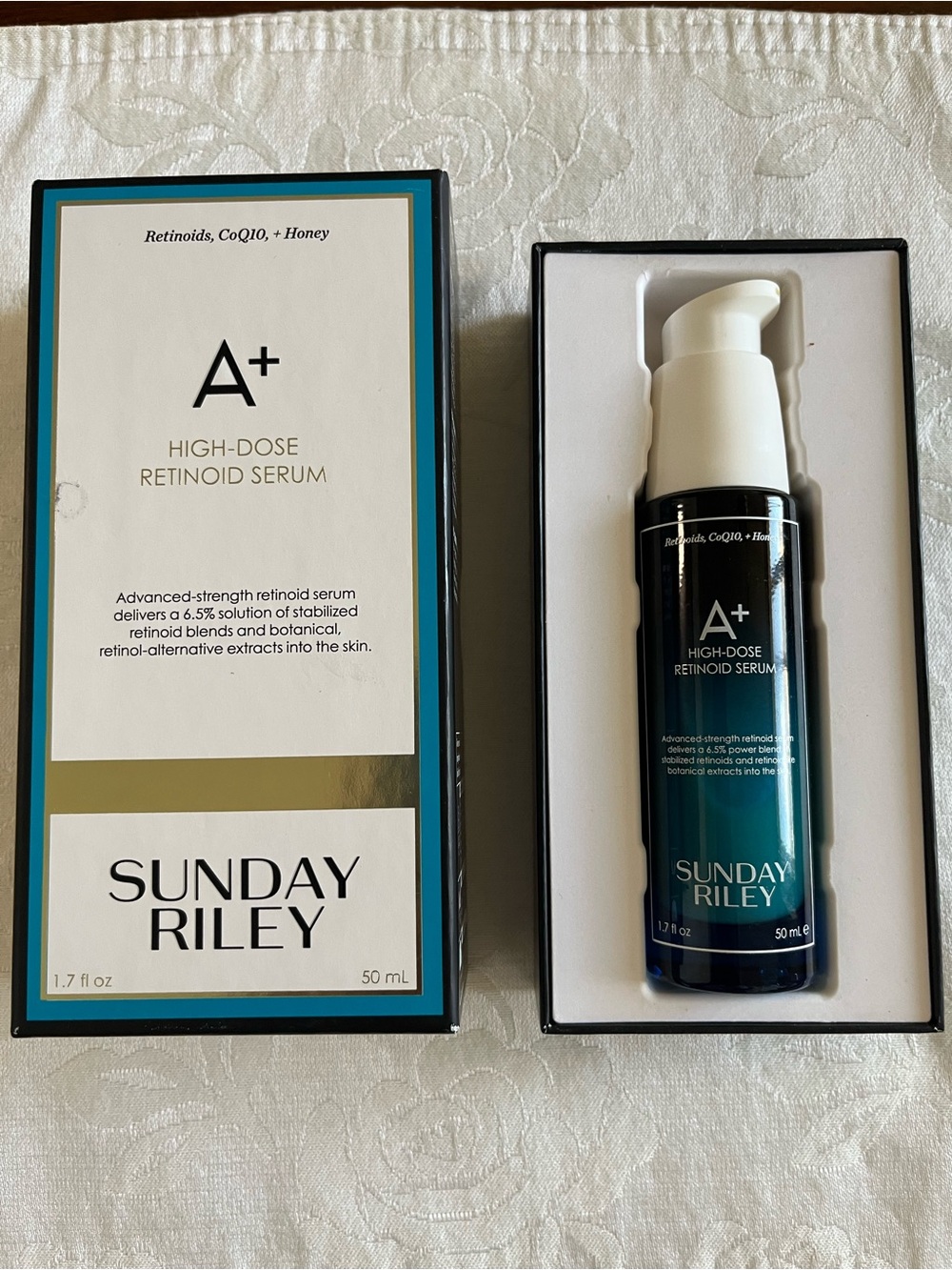 Sunday Riley A+ High-Dose Retinoid Serum — Blue and White Packaging